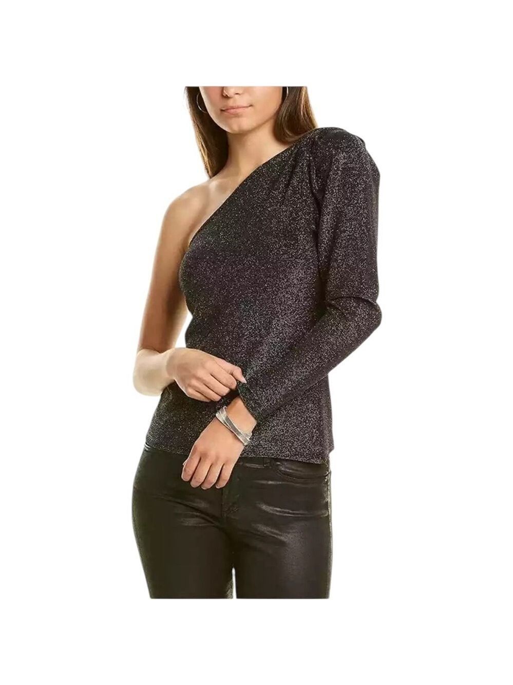Ramy Brook Violeta One Shoulder Top Black Silver Metallic Nylon NWT XS